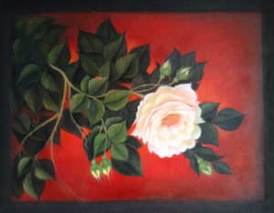 Painting of Peonies on Canvas with Red Background